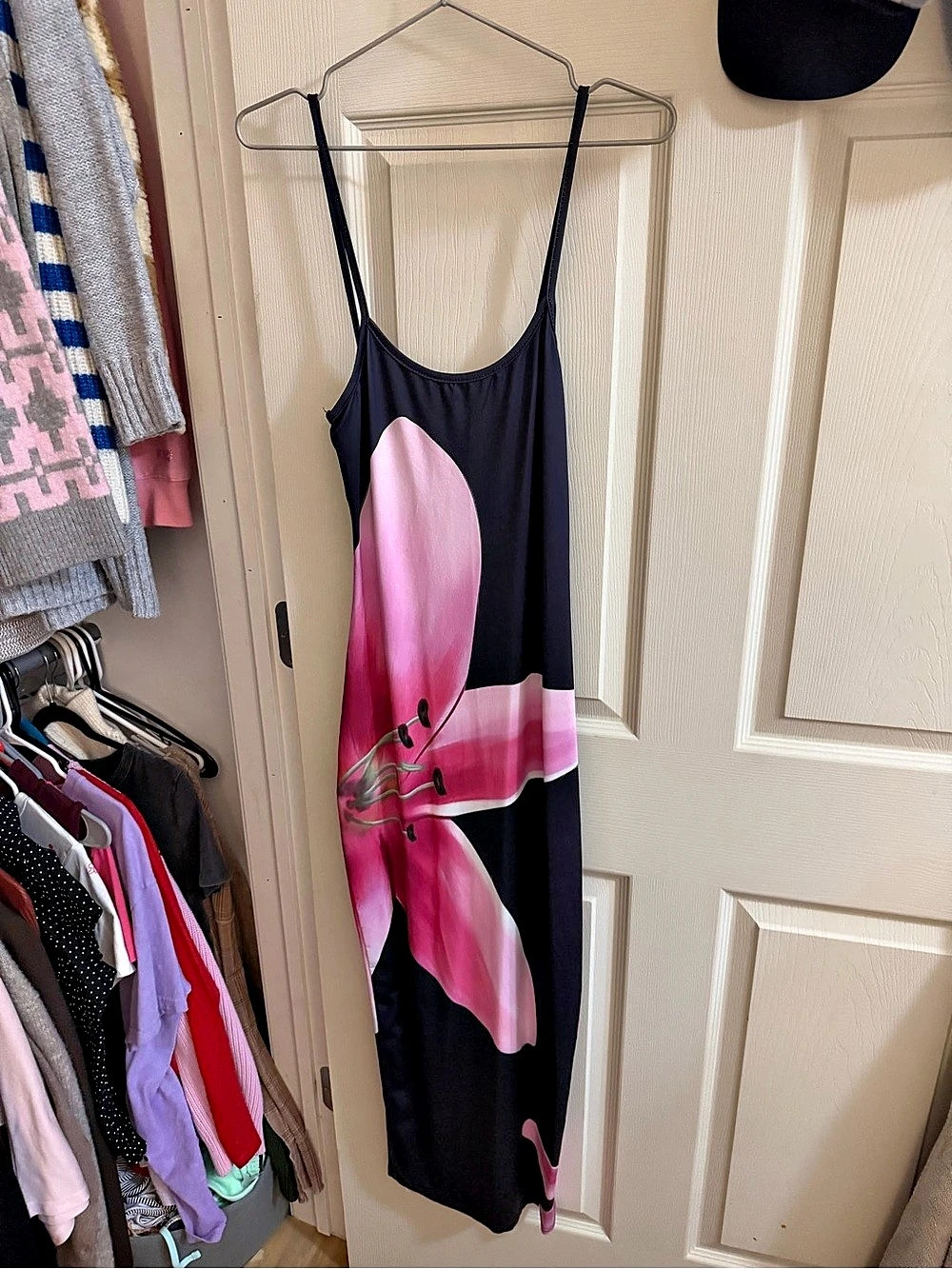 Abstract Floral Maxi Dress in Black & Pink Like New